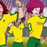 a group of soccer players wearing yellow and green uniforms with the number 3 on the back