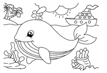 a black and white drawing of a whale swimming in the ocean .