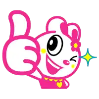 a pink cartoon character is giving a thumbs up sign