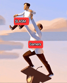 a cartoon of a man carrying another man with a red button that says $ lasm gamers