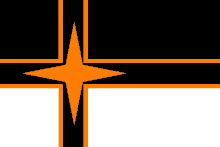 a black and orange flag with an orange star on it .