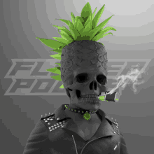 a skull with a pineapple mohawk smoking a cigarette in front of a flyer police logo