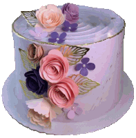 a purple cake with pink and purple roses and gold leaves