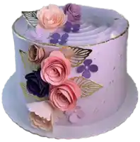 a purple cake with pink and purple roses and gold leaves