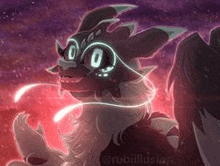 a drawing of a dragon with glowing eyes and a glowing tail .