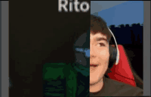 a boy wearing headphones is sitting in front of a screen that says rito on it