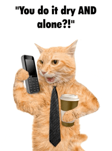 a cat holding a cell phone and a cup of coffee