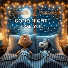 snoopy and charlie brown are sleeping in a bed with the words `` good night love you '' .