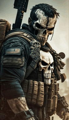 a man with a skull on his face is holding a rifle