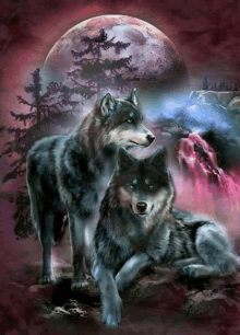 two wolves are standing next to each other with a full moon in the background