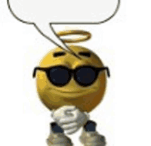 a yellow smiley face with sunglasses and a speech bubble coming out of his mouth .