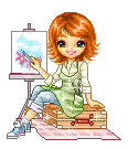 a pixel art illustration of a girl sitting on a suitcase painting on an easel .