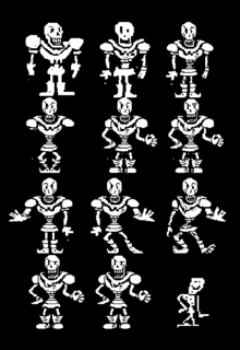 a bunch of skeletons are standing next to each other on a black background .