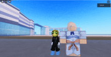 a screenshot of a video game shows a girl and an alien standing in front of a building