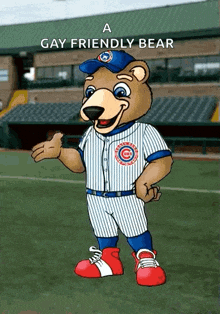 a chicago cubs mascot is wearing a blue and white striped uniform