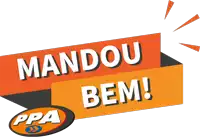 an orange and black sign that says mandou bem on it