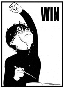 a black and white drawing of a man holding chopsticks and a sign that says win .