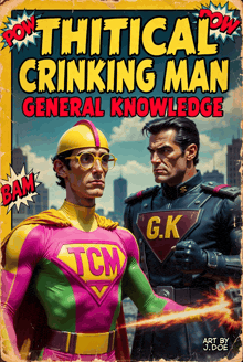 two men in superhero costumes are on the cover of a book titled " thitical crinking man general knowledge "