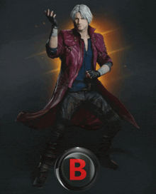 a man in a red coat is standing in front of a button that says b