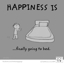 happiness is finally going to bed written on a cartoon