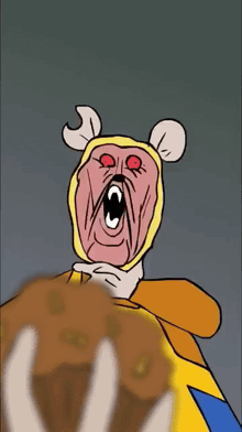 a cartoon drawing of a person with a yellow mask on their face