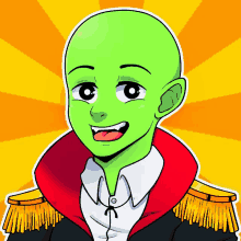 a cartoon drawing of a green man with a red cape and gold epaulettes