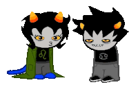 a pixel art of two trolls with one wearing a leo shirt and the other wearing a cancer shirt