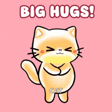 a cartoon cat is surrounded by hearts and says " big hugs cat "