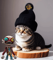 a cat wearing a black hat sits on a slice of bread next to a toy that says ' nightmare '