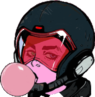 a drawing of a person blowing a pink bubble with a helmet on