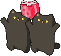 two black cats are holding a red gift box