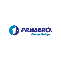 a logo for primero bienes raices with a lightning bolt in a blue circle