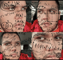 a man 's face is surrounded by mathematical equations including one that says y = sin x