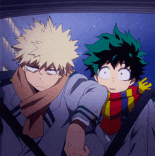 katsuki and deku are sitting in a car with scarves on