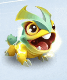 a yellow and green cartoon character with its mouth open and tongue out .