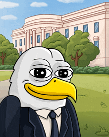 a cartoon of a bald eagle wearing a suit and tie in front of the white house
