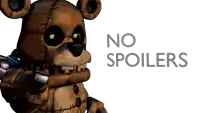a stuffed teddy bear with the words " no spoilers " below it