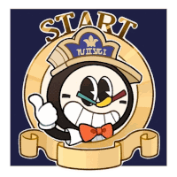 a cartoon character giving a thumbs up in front of a sign that says " start "