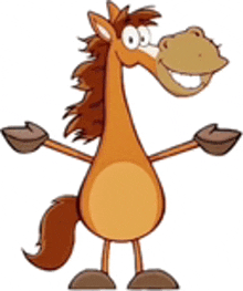 a cartoon horse with its arms outstretched is smiling and looking at the camera .