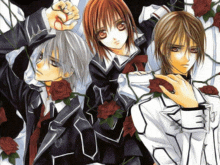 a group of anime characters standing next to each other with roses in the background