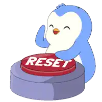 a penguin is pressing a red button that says reset on it