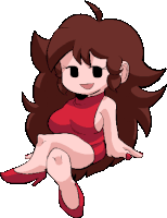 a pixel art drawing of a girl in a red dress and red shoes