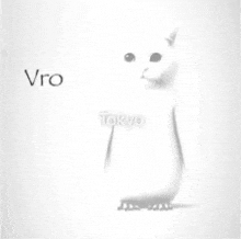 a black and white drawing of a cat with the words vro tokyo on the bottom right