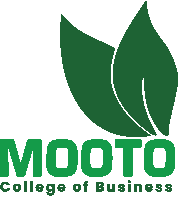 a logo for mooto college of business with two green leaves on a white background