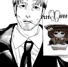 a black and white drawing of a man in a suit and tie holding a picture of a doll