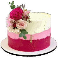 a pink and white cake with roses on top