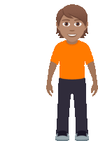 a man wearing an orange shirt and black pants is smiling