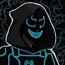 a drawing of a person wearing a neon mask and a hoodie .