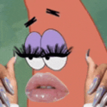 patrick star from spongebob squarepants is wearing false eyelashes and holding a woman 's mouth .