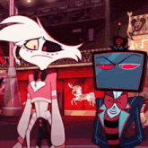 a couple of cartoon characters standing next to each other one of which has a tv head